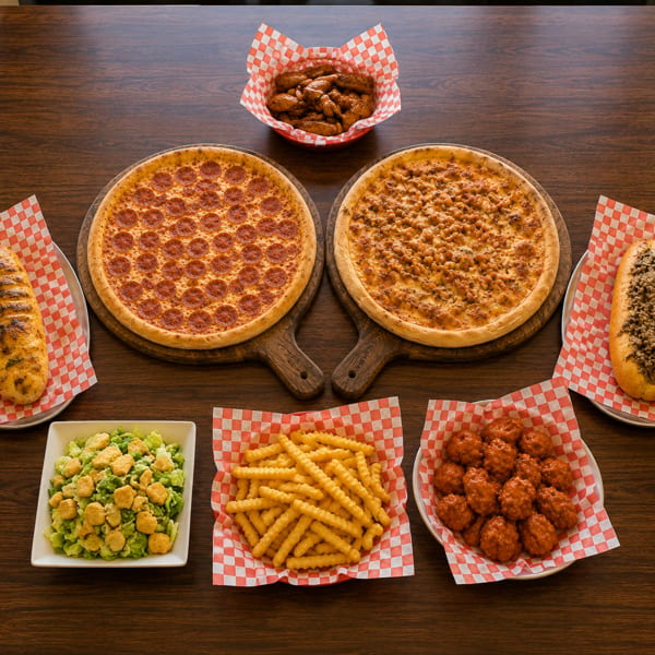 A feast of two pizzas, two subs, wings, fries, salad, and meatballs on a wooden table.