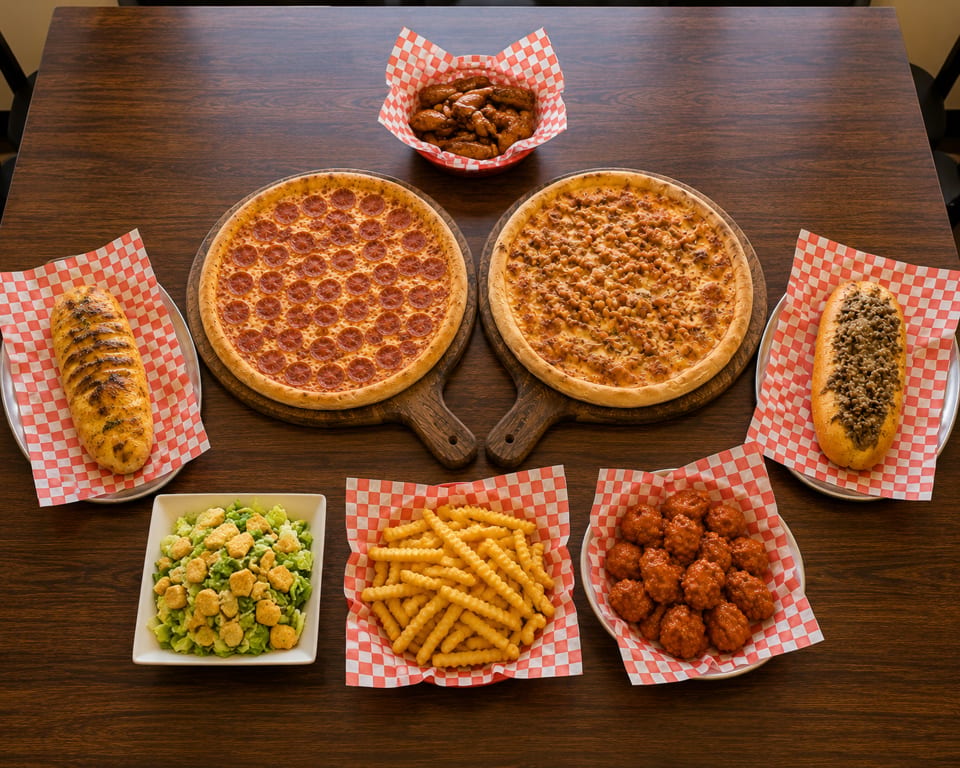A feast of two pizzas, two subs, wings, fries, salad, and meatballs on a wooden table.