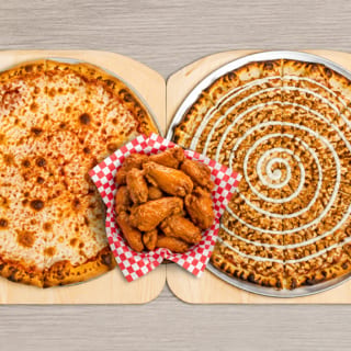 Large Cheese Pizza, Medium Apple Strudel Pizza Pie, 12 Wings