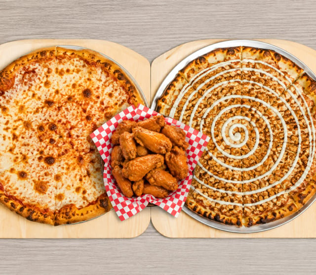 Large Cheese Pizza, Medium Apple Strudel Pizza Pie, 12 Wings.