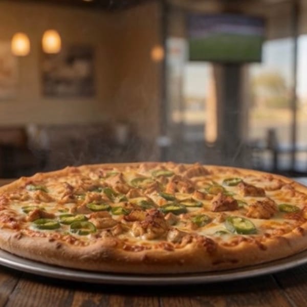 Steaming hot chicken and jalapeño pizza on a wooden table in a restaurant with large windows.