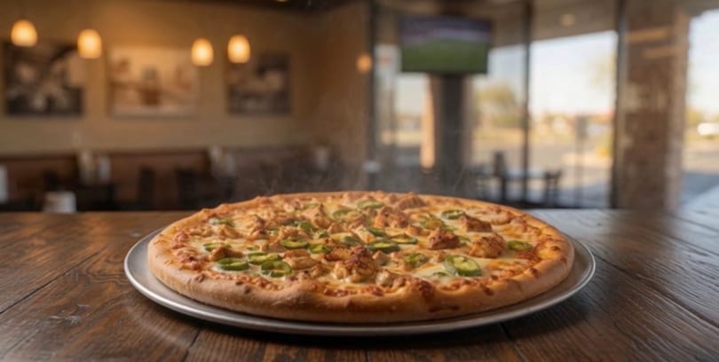 Steaming hot chicken and jalapeño pizza on a wooden table in a restaurant with large windows.